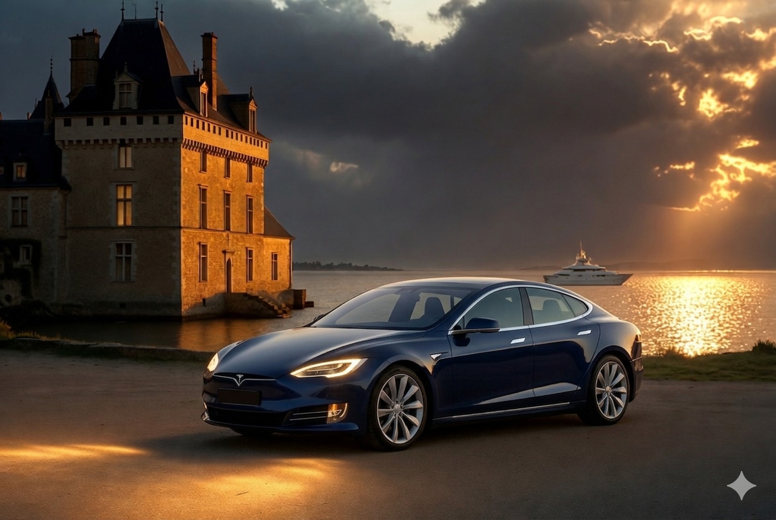 Tesla Model S devant un château au coucher de soleil